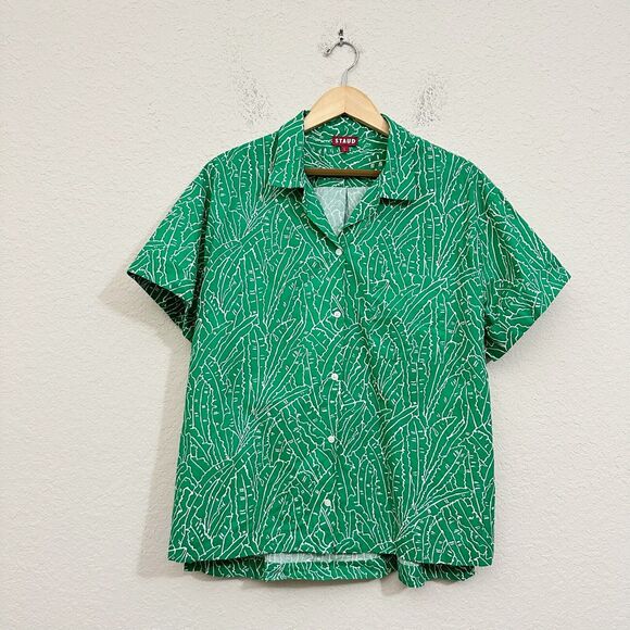 STAUD Channing Top Green Palm Leaves Button Up Short Sleeve Shirt - Picture 1 of 9